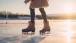 A woman is putting on ice skates by a frozen lake. a cropped picture of a female putting on her ice skates.