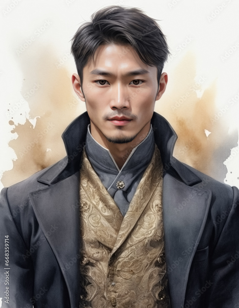 Portrait of a handsome young Asian man in a black coat and a gold vest ...