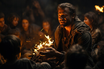 Poster - a captivating storyteller mesmerizing an audience with a vivid narrative by the campfire. concept of