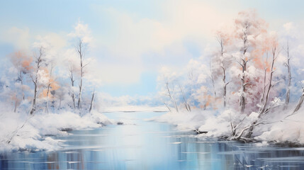  Abstract beautiful landscape, art painting, frozen winter