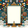 Poster layout template featuring Tibetan cultural symbols, such as prayer flags and mandalas, frame the borders.