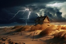 Stormy Night At A Beach House, Lightning Illuminating The Ominous Sky.