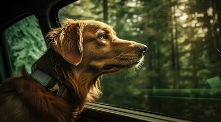 Wall Mural - A dog looking out the window of a car. Generative AI.