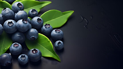 Wall Mural - Blueberry berries with leaves. Fresh autumn berries. Top view. On a dark background.