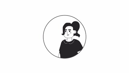 Poster - Ponytail caucasian woman saying hi hello black and white 2D avatar animation. Goodbye happy young adult outline cartoon 4K video, alpha channel. Non verbal acknowledge animated portrait isolated