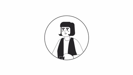 Poster - Smartphone woman caucasian bob hair black and white 2D avatar animation. Phone scrolling girl european outline cartoon 4K video, alpha channel. Mobile internet user female animated portrait isolated