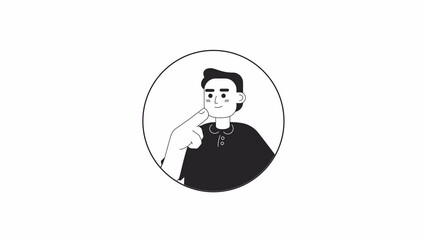 Poster - Short haired european man touching chin black and white 2D avatar animation. Brunette caucasian male thoughts staring outline cartoon 4K video, alpha channel. Make decision animated portrait isolated