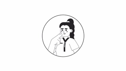 Poster - Braided ponytail caucasian girl stroking chin black and white 2D avatar animation. Braid european woman thinking hard outline cartoon 4K video, alpha channel. Choice making animated portrait isolated