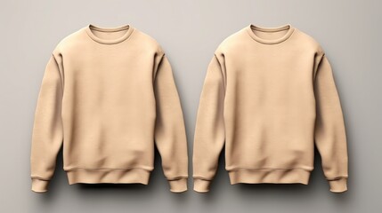Two sweatshirts beige colors on a one color background. Mock up. Blank for creating promotional products with prints and logo