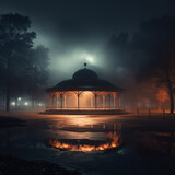 Fototapeta  - night in a round pavilion of a park surrounded by fog and low lighting from heavy cloud of fire and cyanotic rys at background