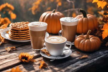 decoration for Halloween, still life, a cup of hot latte and waffers and pumpkins on an old wooden table against the background of beautiful autumn nature at sunset