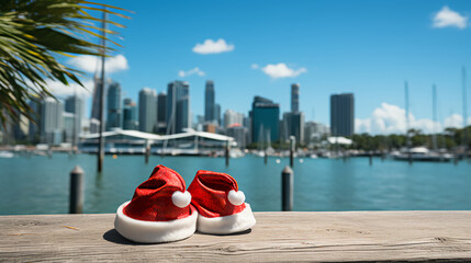 Wall Mural - 2 santa hats on a dock - city skyline in the distance - holiday decorations - blue water - trip - holiday - vacation - getaway