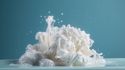 Poster -  Fine White Foam Soap Suds Flowing on Blue Background Close - up View, Copy Space