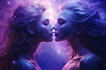 Zodiac sign gemini in cosmic space. Two women. Zodiac sign symbol Gemini over stars and galaxy like astrology concept