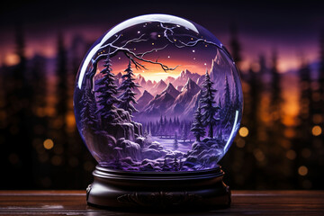 Wall Mural - A snowglobe with low hills of snow inside and nothing else, on a wooden table, blurry neon - purple lights in the back. AI generative