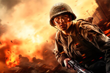 A World War II Soldier In Uniform, Holding A Rifle, Stands Heroically Against A War Scene Background, Symbolizing Courage And Heroism