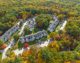 Poster -  aerial view of modern apartment buildings in autumn forest