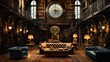 a majestic library with a grand, antique clock set amidst towering bookshelves, evoking an ambiance of intellectual allure