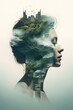 A double exposure of a person with a forest, in the style of shadowy stillness over high contrast serene faces. Ai generative