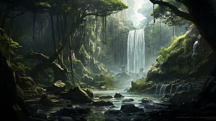  A secluded waterfall hidden within a dense and ancient forest.