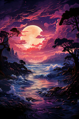 Wall Mural - Purple neon full moon set on ocean. AI generative