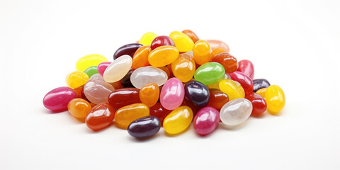 Poster - A vibrant pile of jelly beans arranged on a clean white surface. Perfect for adding a pop of color to your designs or illustrating the concept of sweetness and indulgence