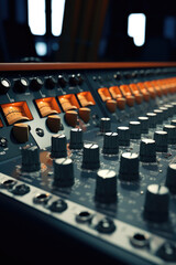 Aufkleber - A close-up view of a sound board with various knobs and controls. This image can be used to illustrate audio production, sound engineering, or music technology