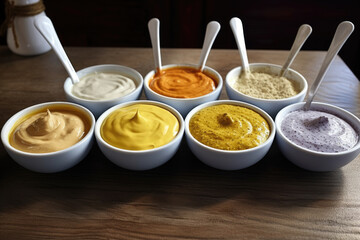 Poster - A collection of small bowls filled with various types of dips. Perfect for parties, gatherings, or appetizers.
