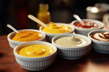 Aufkleber - A table displaying a variety of condiments in different types of bowls. Perfect for food bloggers, recipe websites, and restaurant menus