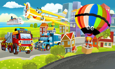 Wall Mural - cartoon happy scene with different vehicles cars illustration