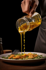 Poster - A person pouring oil onto a plate of food. This image can be used to illustrate cooking, food preparation, healthy eating, or adding flavor to a dish