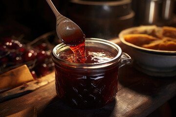 Aufkleber - A wooden table topped with a jar of jam. Perfect for food and kitchen-related designs