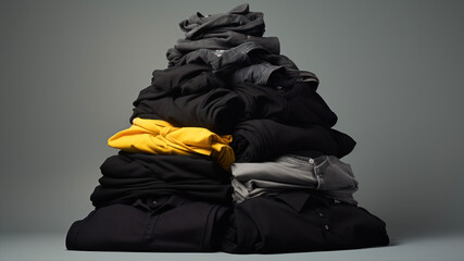 Pile of black dirty clothes on dark background.