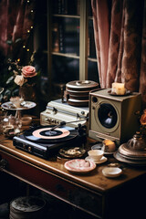 Wall Mural - A vintage record player sits atop a stylish table, surrounded by other decorative items. This image can be used to showcase retro style, interior design, or music-themed concepts