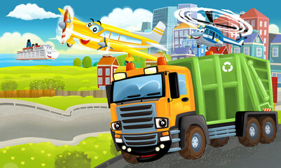 Wall Mural - cartoon happy scene with different vehicles and dumper car illustration