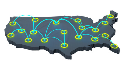 Network of travel points on usa map. Transparent background. 3D illustration