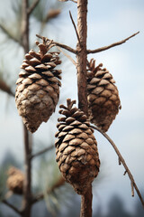 Poster - A group of pine cones hanging from a tree branch. This image can be used to depict nature, autumn, or outdoor themes