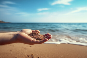 Poster - A person holding sand in their hand on a beautiful beach. This image can be used to represent the concept of vacation, relaxation, and the beauty of nature