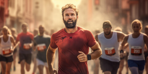 Poster - A man is pictured running a marathon wearing a red shirt. This image can be used to depict fitness, endurance, and sports activities