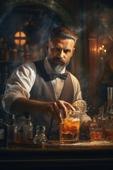 Poster - A man in a vest pouring a drink at a bar. Suitable for use in articles, blogs, or advertisements related to bartending, nightlife, or socializing