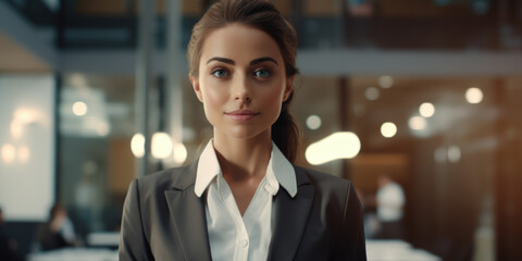 Sticker - A professional woman dressed in a business suit standing confidently in an office. This image can be used to portray professionalism, success, and corporate environments