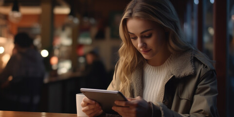 Aufkleber - A woman is sitting at a table and using a tablet computer. This image can be used to illustrate technology, communication, or remote work concepts