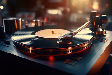 Aufkleber - A close up shot of a turntable with a record on it. This image can be used to depict music, vinyl records, nostalgia, or DJ equipment.