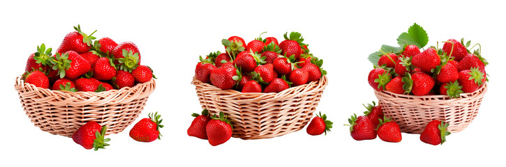 Wall Mural - Collage set of whicker basket full of strawberries over isolated transparent background