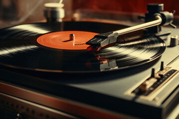 Aufkleber - A close up view of a turntable with a record on it. This image can be used to depict music, vinyl records, DJ equipment, or nostalgia for analog technology