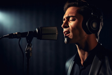Poster - A man is captured singing into a microphone while wearing headphones. This image can be used for music-related projects or to depict a singer in a recording studio