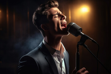 Poster - A man in a suit singing into a microphone. Suitable for music events and performances