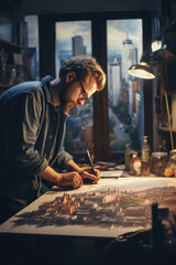 Poster - A man sitting in a dark room, focused on writing on a piece of paper. This image can be used to represent solitude, creativity, or the act of writing
