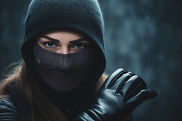 Aufkleber - A woman wearing a black mask and gloves. Suitable for mystery, thriller, or crime-themed designs