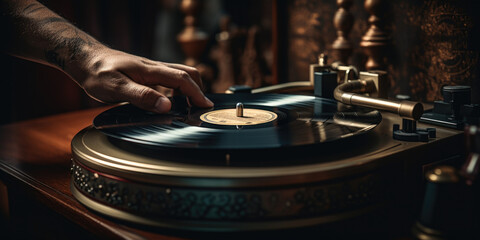 Aufkleber - A person is shown in the image playing a record on a turntable. This picture can be used to depict music, vinyl records, DJing, or nostalgia